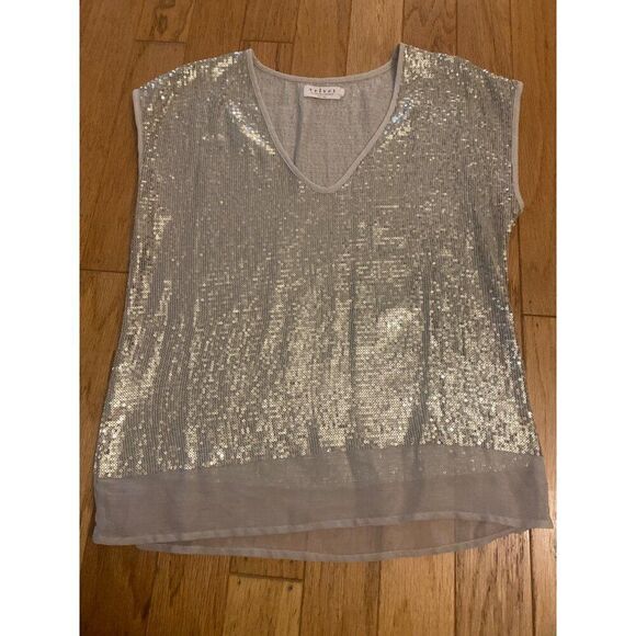Velvet By Graham & Spencer women'sSequin Sleeveless Top P Silver Polyester V-Nec - Picture 1 of 8